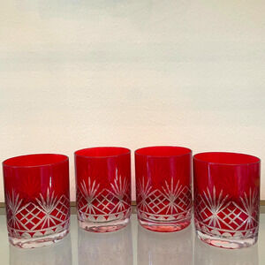 Set of 4 RED Double Old Fashioned Glasses Luxe Christmas Holiday Barware NEW